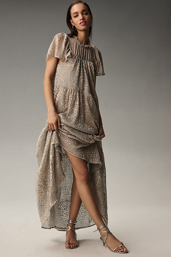 By Anthropologie Short-sleeve Mock-neck Maxi Dress In Silver