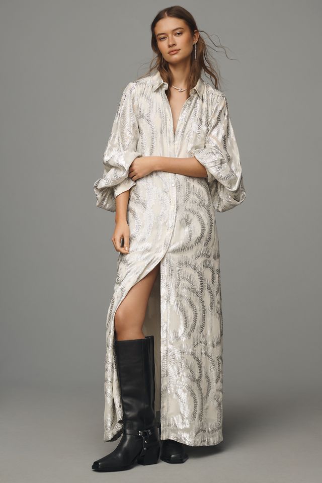 By Anthropologie Long-Sleeve Lurex Maxi Shirt Dress #2