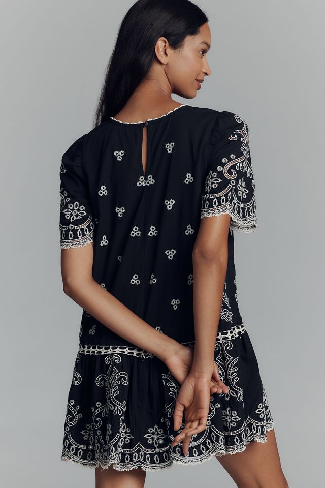 Maeve Short-Sleeve Embellished Cotton Lace Mini Dress #1