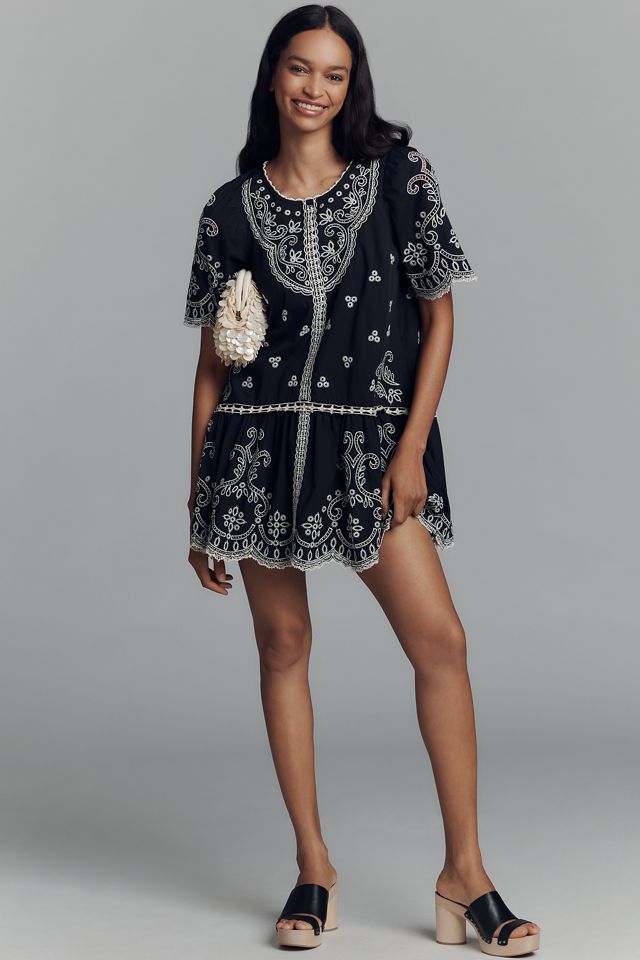 Maeve Short-Sleeve Embellished Cotton Lace Mini Dress #2