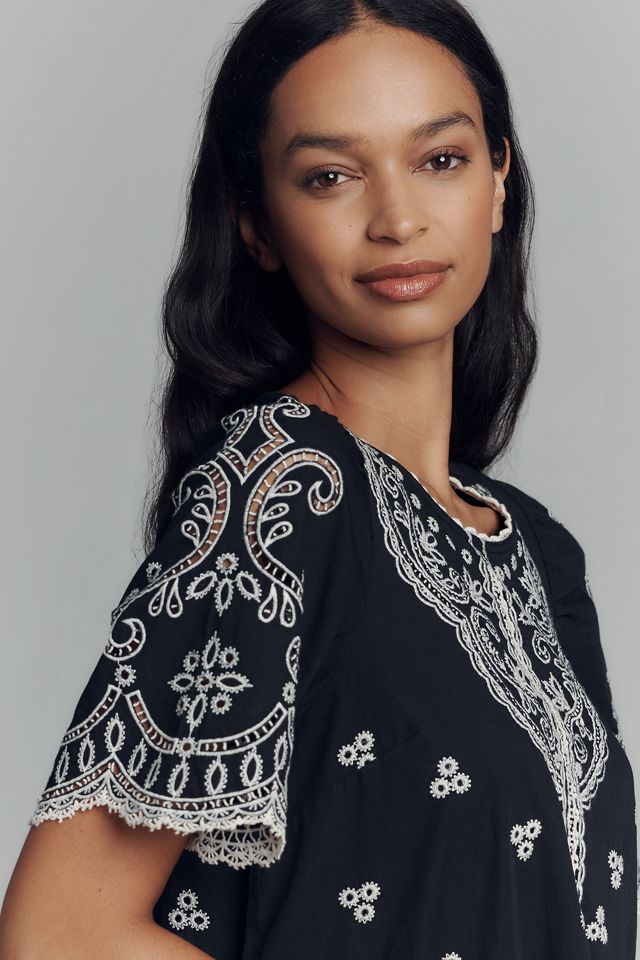 Maeve Short-Sleeve Embellished Cotton Lace Mini Dress #3
