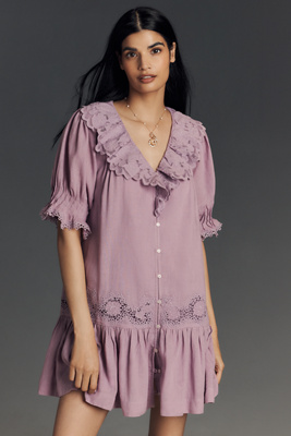 By Anthropologie Linen Blend Puff-sleeve V-neck Tunic Mini Dress In Purple
