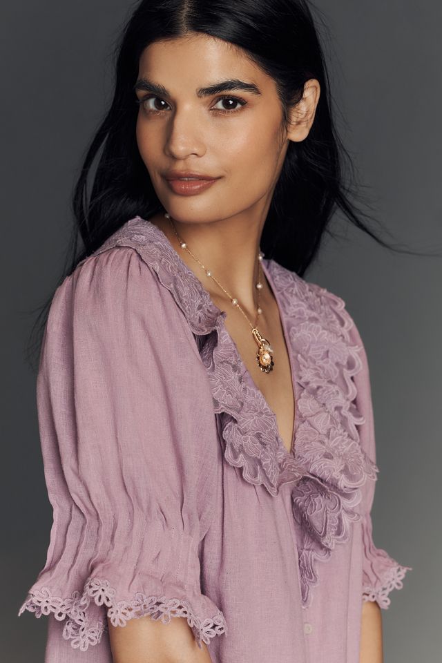 By Anthropologie Linen Blend Puff-Sleeve V-Neck Tunic Mini