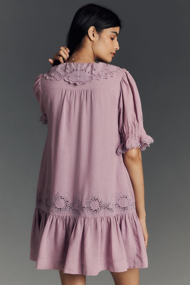 By Anthropologie Linen Blend Puff-Sleeve V-Neck Tunic Mini Dress #2