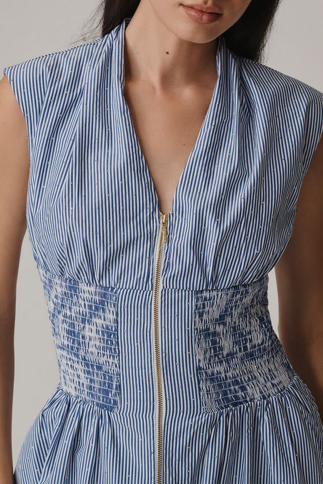The Tommie Cap-Sleeve Smocked Front-Zip Shirt Dress: Shine Edition