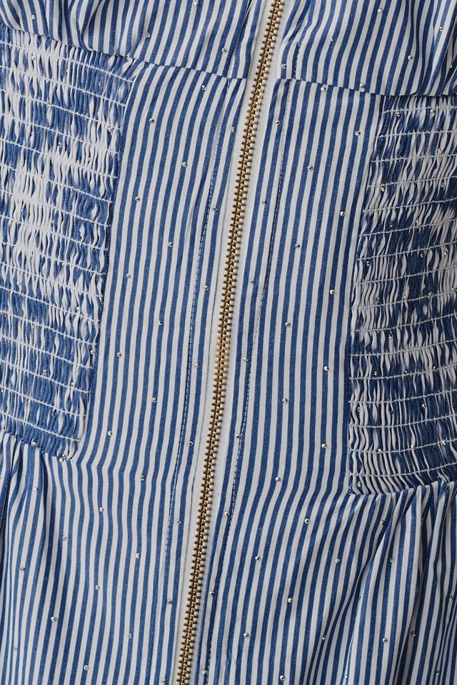 The Tommie Cap-Sleeve Smocked Front-Zip Shirt Dress: Shine Edition
