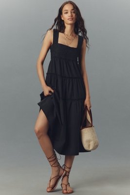 MAEVE THE HELENA SQUARE-NECK TIERED MIDI DRESS: SMOCKED EDITION 