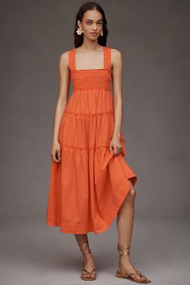 MAEVE THE HELENA SQUARE-NECK TIERED MIDI DRESS: SMOCKED EDITION 