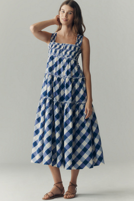 Maeve The Helena Square-neck Smocked Tiered Midi Dress In Blue