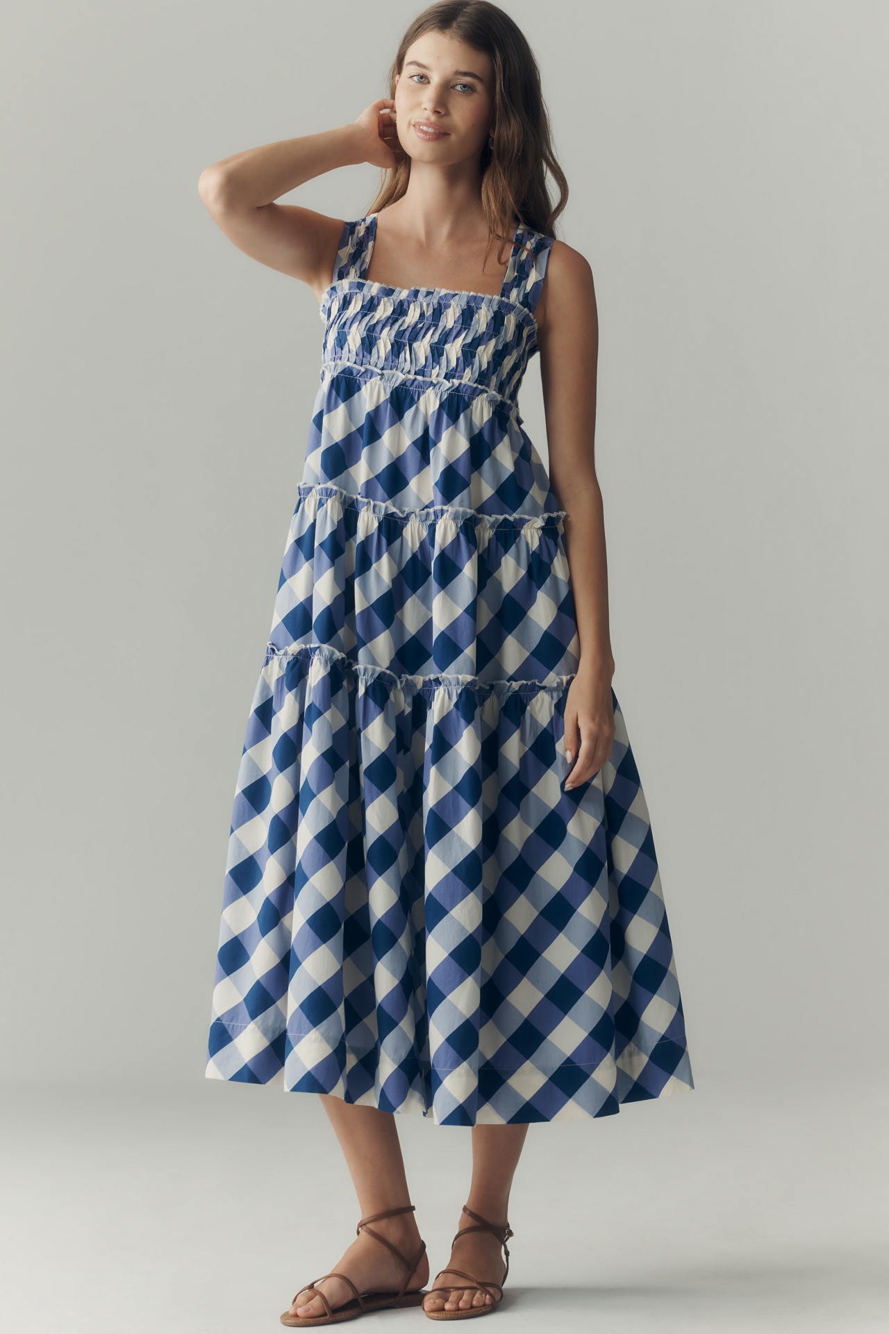The Helena Square-Neck Smocked Tiered Midi Dress