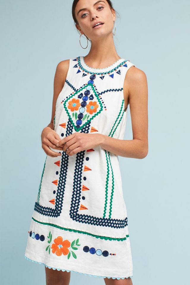 Embellished Linen Shift Dress Anthropologie