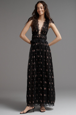 For Love & Lemons Poppy Plunge Lace Maxi Dress In Black