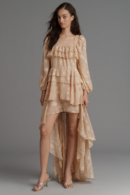 For Love & Lemons Colette Satin Burnout High-low Dress In Brown