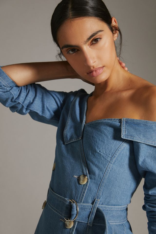 One-Shoulder Denim Utility Mini Dress #1
