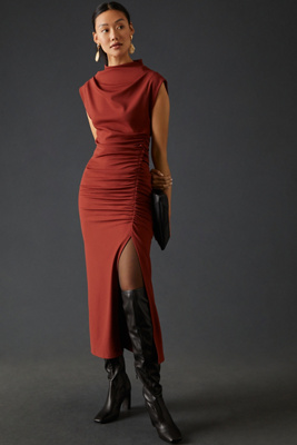 By Anthropologie Ruched Cowl Neck Dress In Red