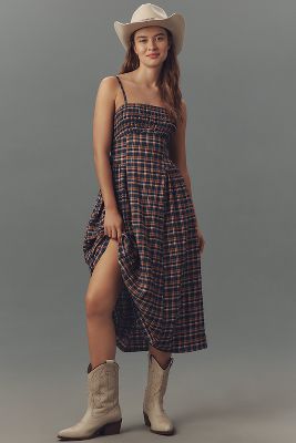 Pilcro Sleeveless Smocked Plaid Midi Dress