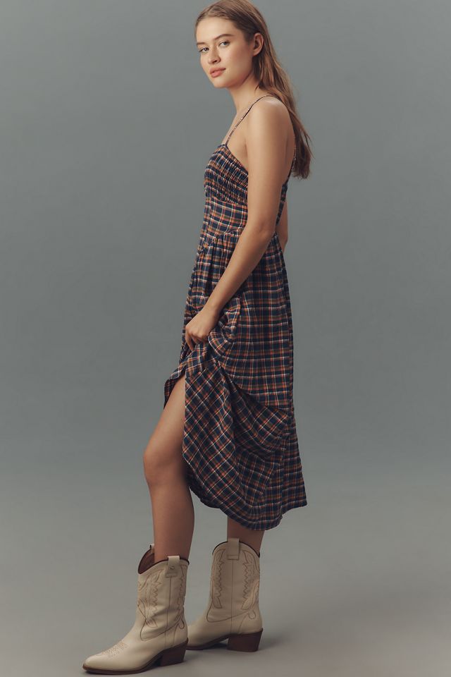 Pilcro Sleeveless Smocked Plaid Midi Dress