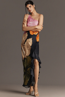 anthropologie By Anthropologie One-Shoulder Asymmetric Floral Maxi Dress Navy Floral