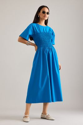 By Anthropologie Fern Smocked Kurzarm-Midi-Kleid