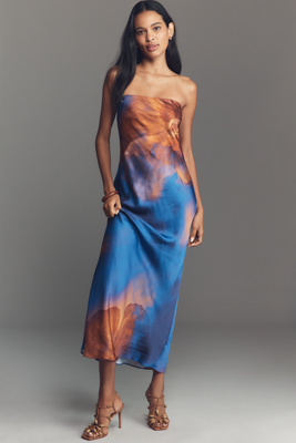 The Fleur Strapless Satin Maxi Slip Dress by Anthropologie in Blue The Fleur Strapless Satin Maxi Slip Dress | Anthropologie