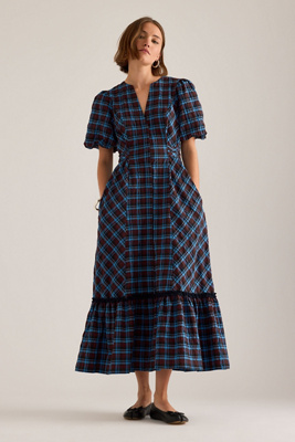 By Anthropologie Puff-Sleeve Check Midi Dress