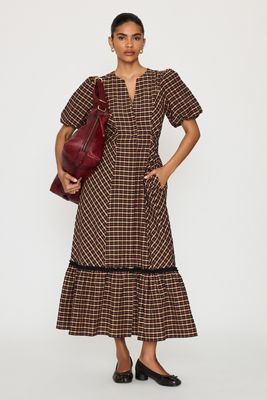 By Anthropologie Puff-Sleeve Check Midi Dress