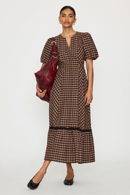 By Anthropologie Puff-Sleeve Check Midi Dress