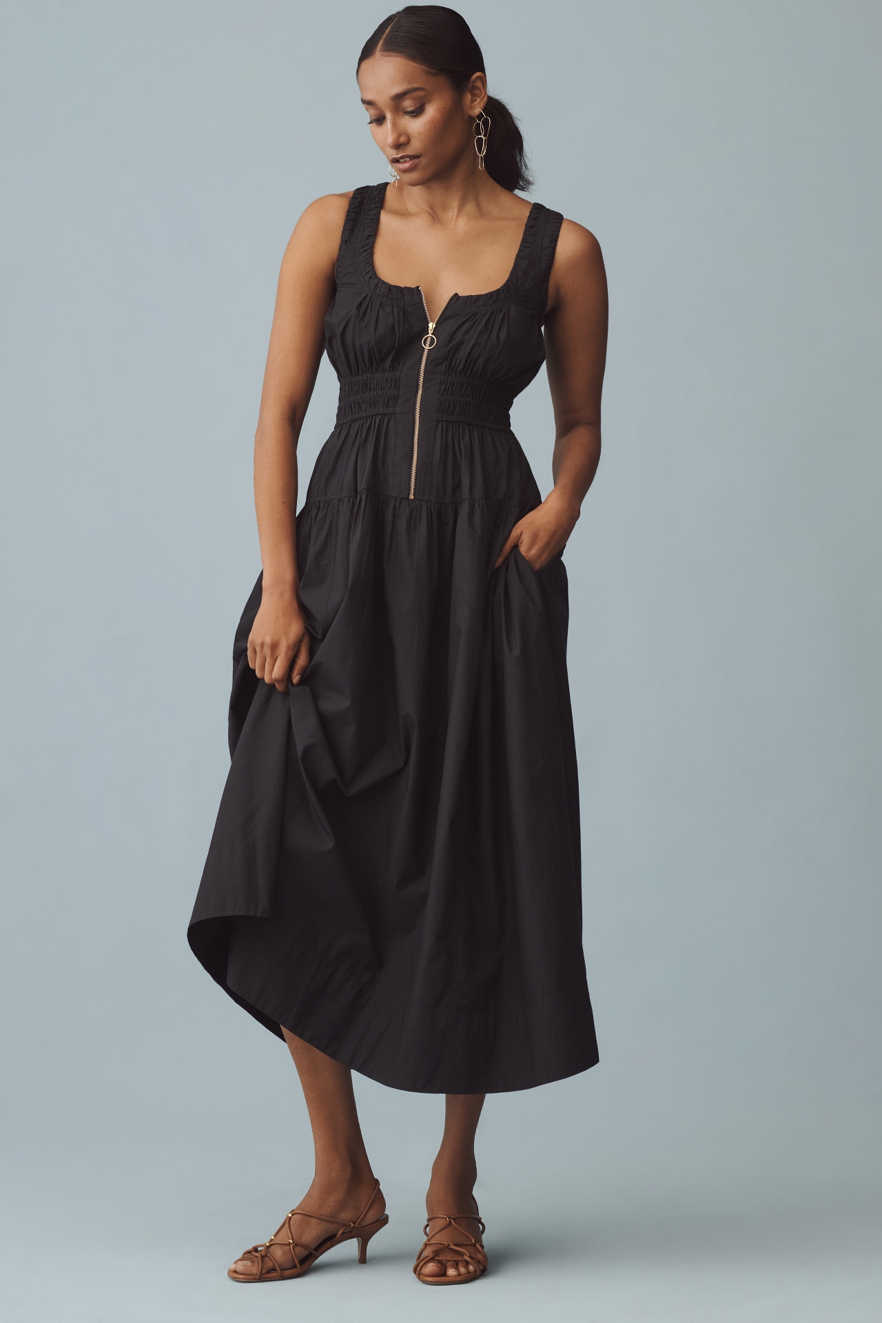 By Anthropologie Scoop-Neck Smocked Poplin Midi Dress