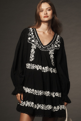 By Anthropologie Long-Sleeve Embroidered Pintuck Swing Mini Dress |  Anthropologie