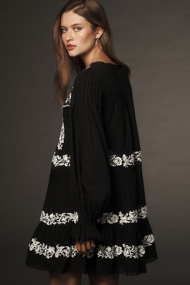 By Anthropologie Long-Sleeve Embroidered Pintuck Swing Mini Dress #1