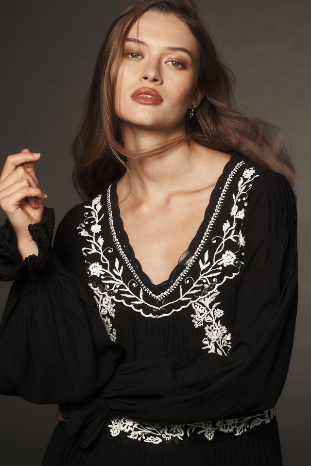 By Anthropologie Long-Sleeve Embroidered Pintuck Swing Mini Dress #3