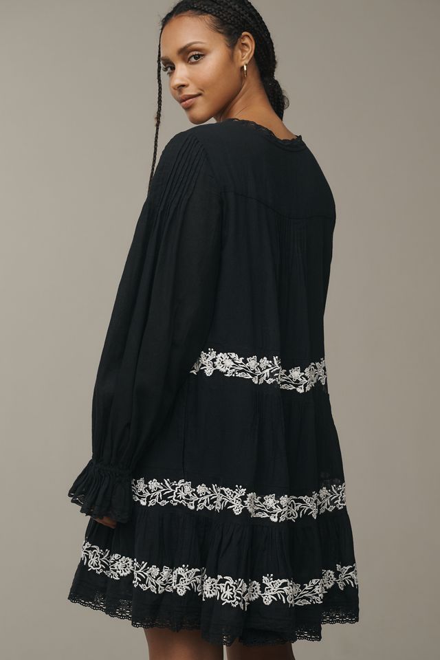 By Anthropologie Long-Sleeve Embroidered Pintuck Swing Mini Dress #5