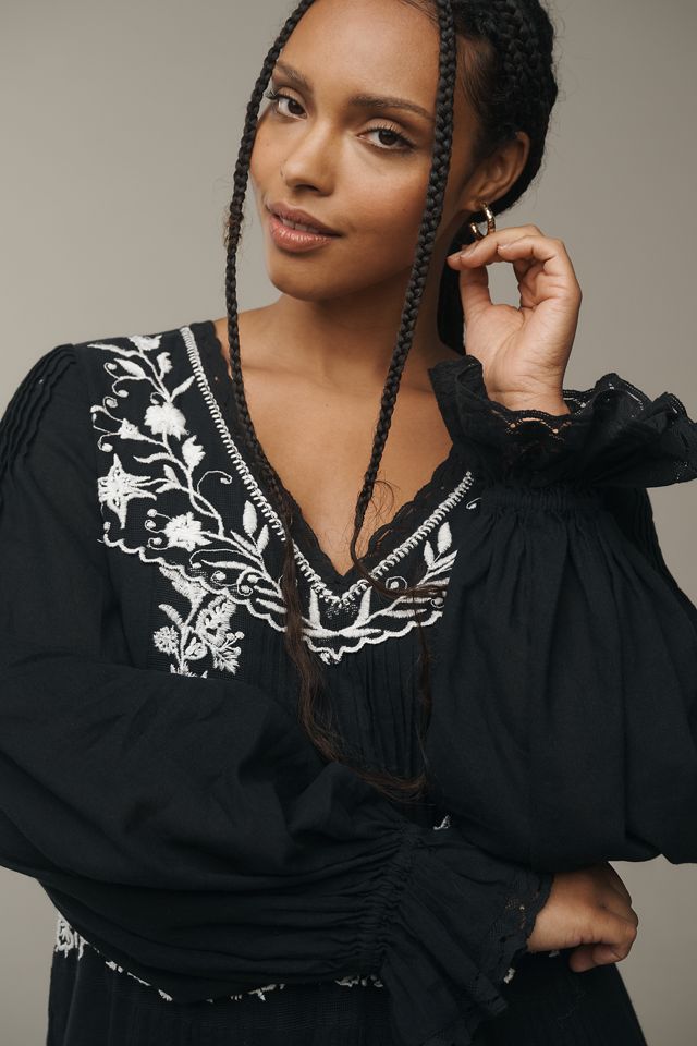 By Anthropologie Long-Sleeve Embroidered Pintuck Swing Mini Dress #6