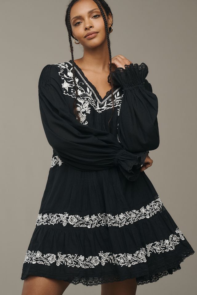 By Anthropologie Long-Sleeve Embroidered Pintuck Swing Mini Dress #4