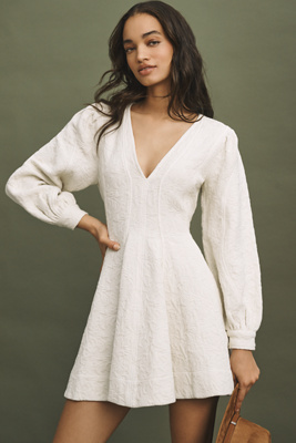 Pilcro Long-sleeve V-neck Textured Mini Dress In White