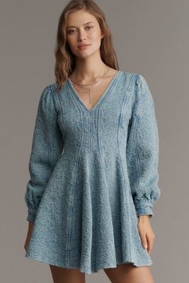 Pilcro Long-sleeve V-neck Textured Mini Dress In Blue