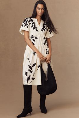 By Anthropologie Short-Sleeve Embroidery Appliqué Maxi Dress