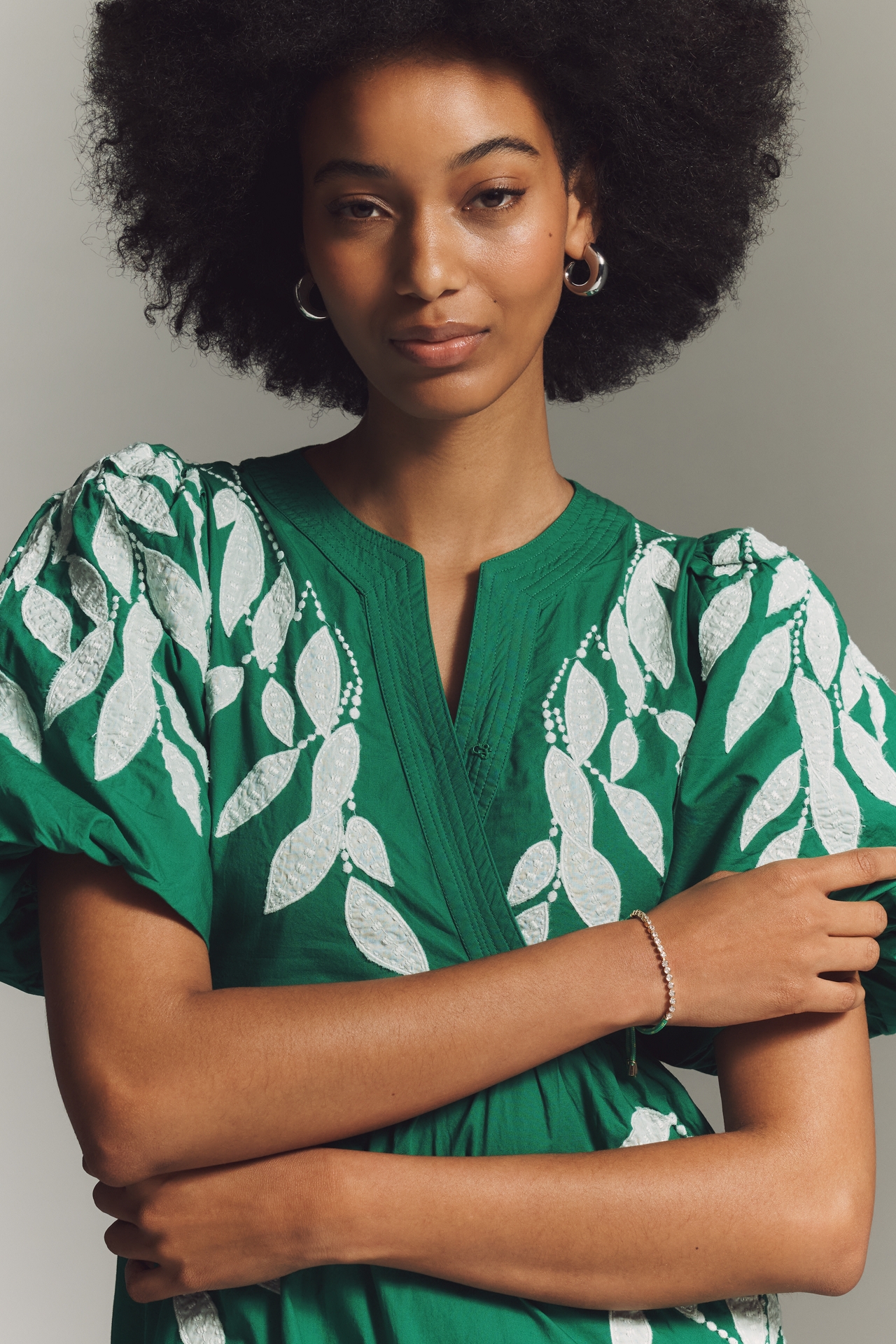 By Anthropologie Short-Sleeve Embroidery Appliqué Maxi Dress