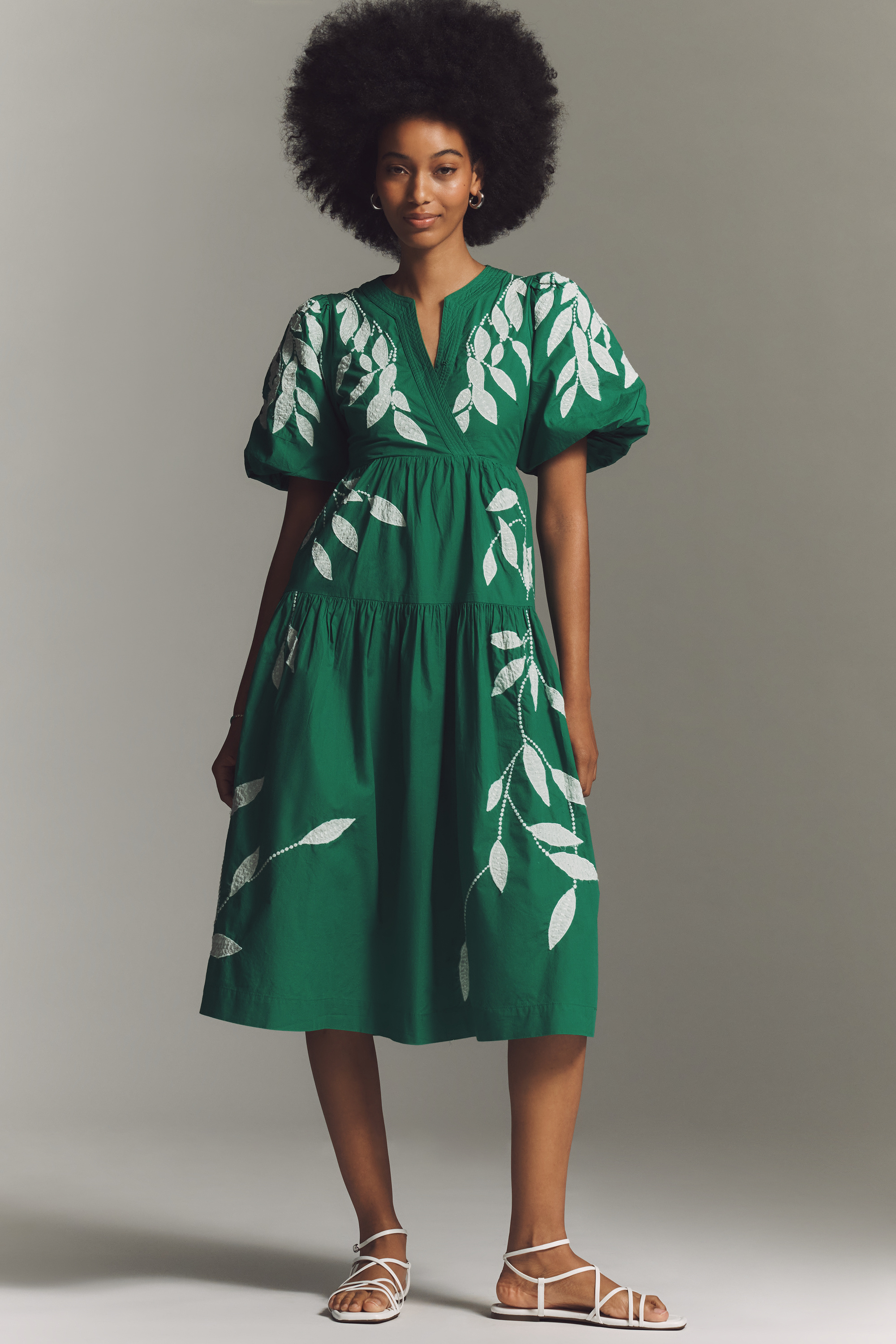 Short-Sleeve Embroidered Appliqué Midi Dress - Image 1