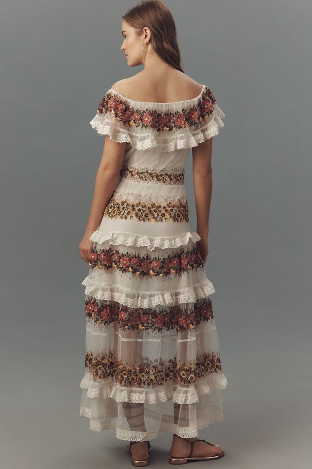 By Anthropologie Ruffle-Sleeve V-Neck Embroidered Tulle Tiered Maxi Dress
