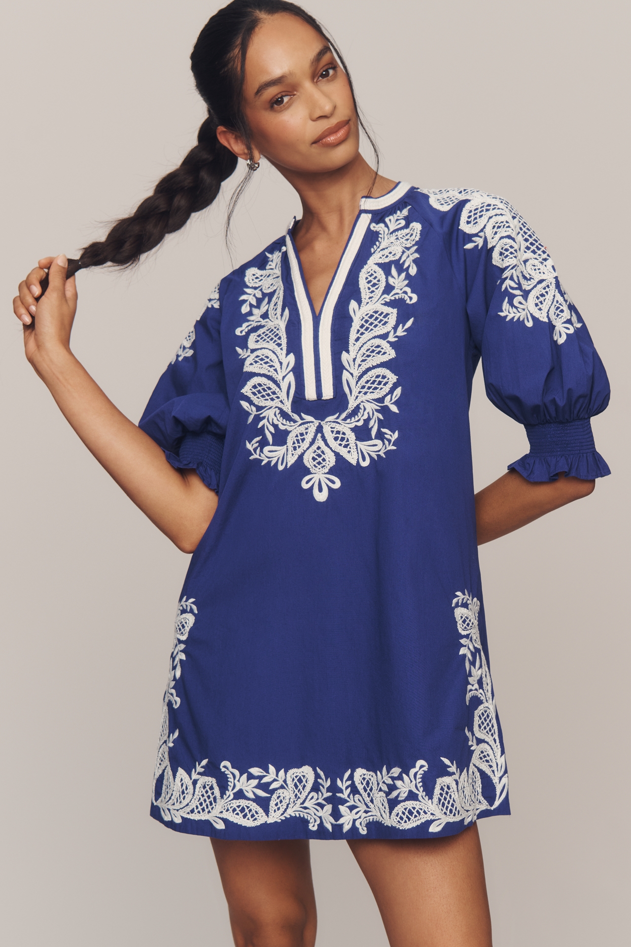 Maeve Embroidered V-Neck Mini Dress