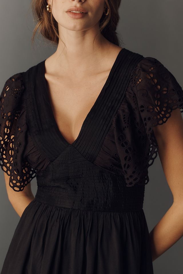 By Anthropologie Eyelet Flutter-Sleeve V-Neck Mini Dress #1