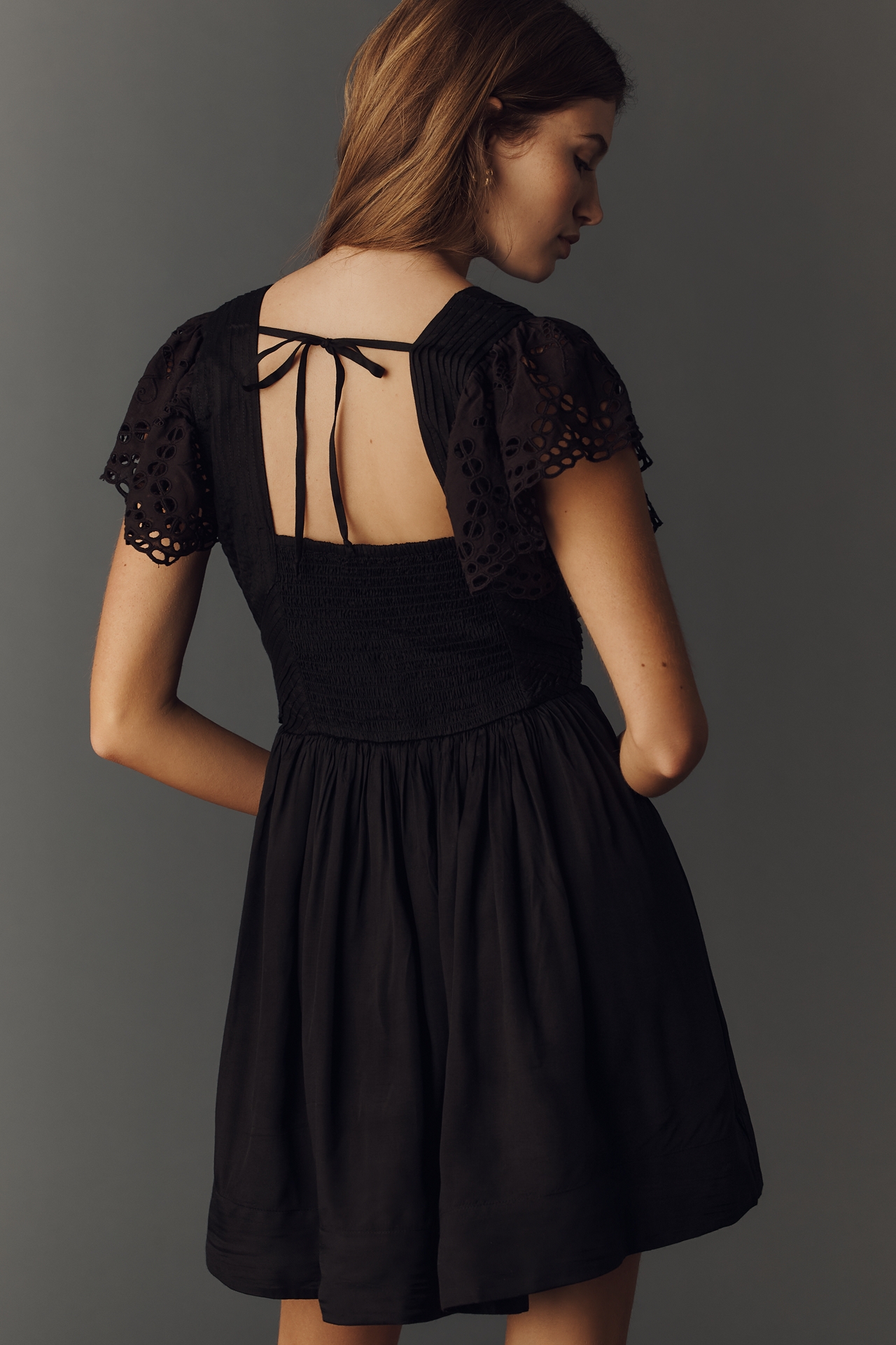 By Anthropologie Eyelet Flutter-Sleeve V-Neck Mini Dress