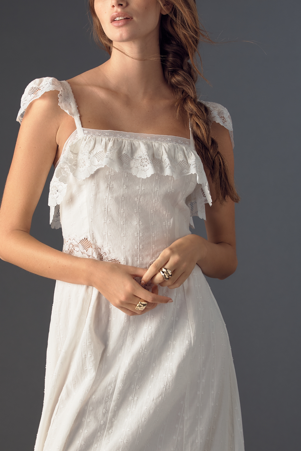 RAHI Ruffle Lace Flutter-Sleeve Cotton Maxi Dress