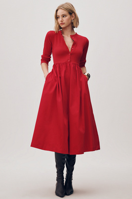 Maeve Long-Sleeve Twofer Cardigan Midi Dress | Anthropologie
