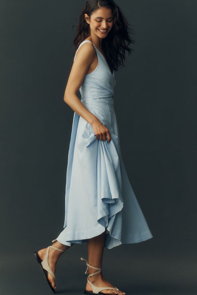 Maeve Sleeveless V Neck Seersucker Midi Dress | Anthropologie