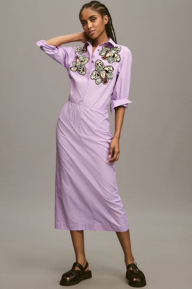 Dhruv Kapoor Embroidered Floral Slim Midi Shirt Dress Anthropologie