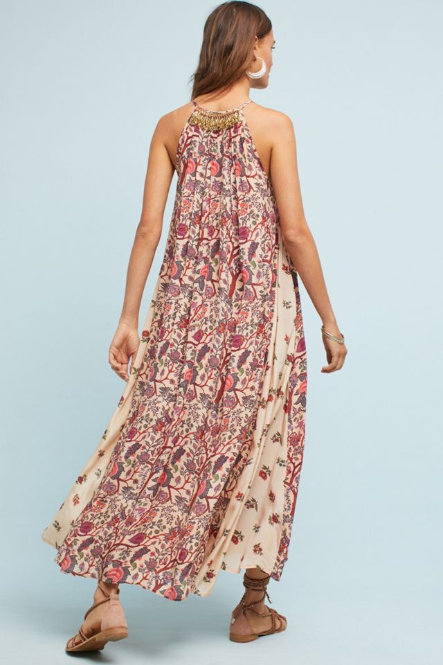 beaded trapeze maxi dress with high neck halter Adrianna Papell 3D Soutache Beaded Chiffon Halter Neck Midi Dress, Womens, 16, Brilliant Sapphire