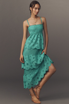 Saylor Elloise Eyelet Tiered Midi Dress In Blue