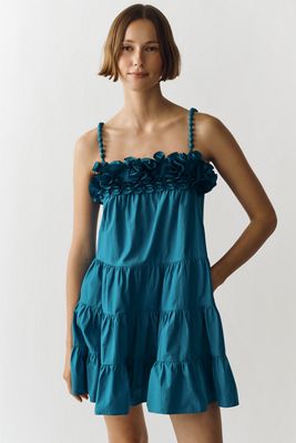 anthropologie blue ruffle dress Current Air Anthropologie Blue Ruffle Short Sleeve Round Neck Lined Midi  Dress M